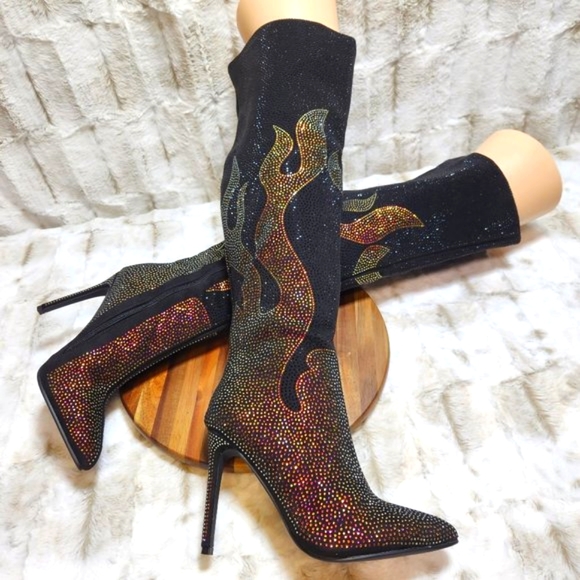 Sexy & Fun Black & Gold Rhinestone Flame Detail Sexy OTK Thigh Boots - Picture 7 of 16